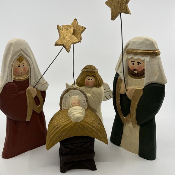 Carved Wood Nativity Folk Art‎ Hand Painted Signed Derek Adams Jesus Mary Joseph - Picture 1 of 12